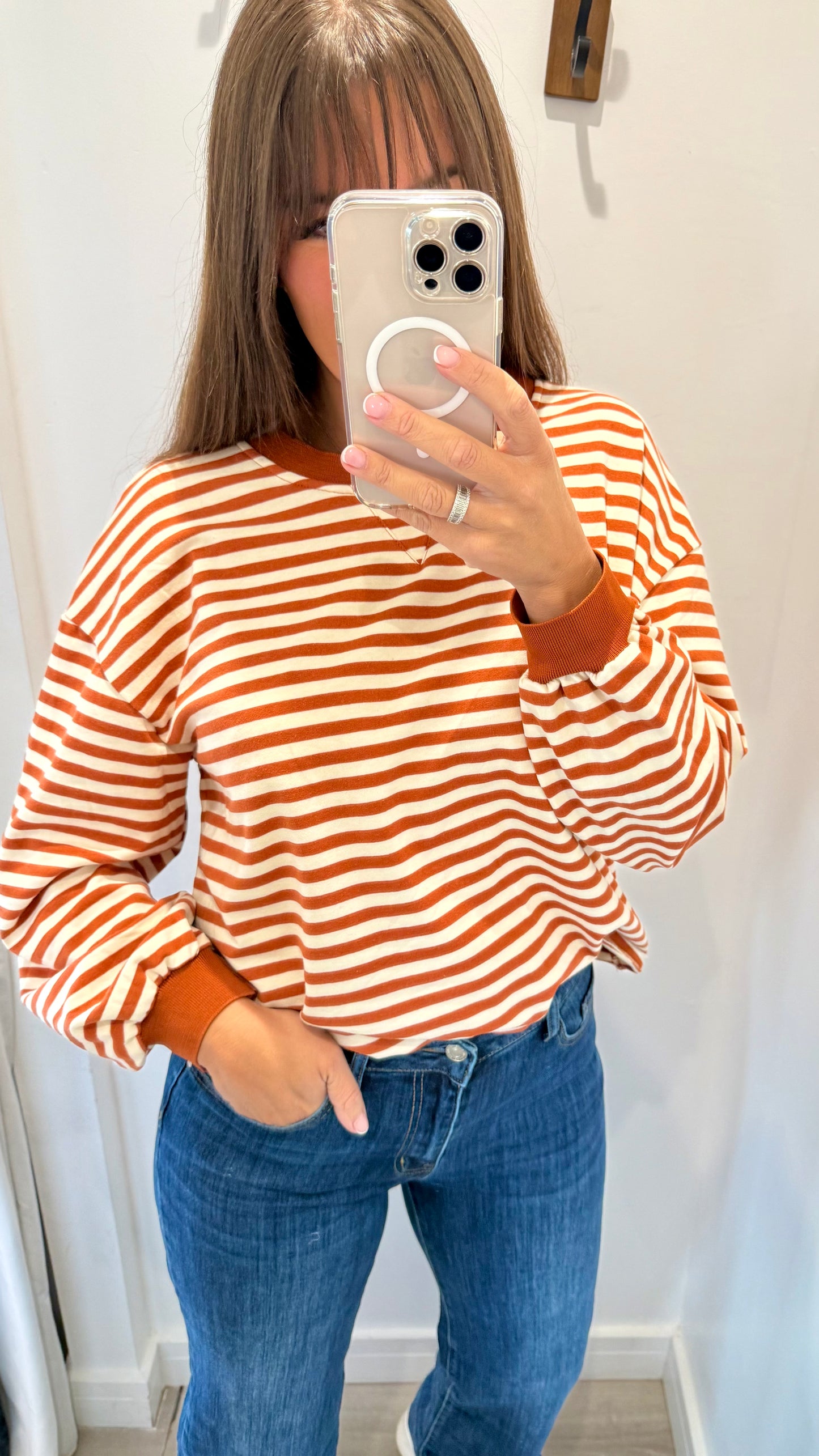 RUST AND CREAM STRIPE CREW SWEAT TOP