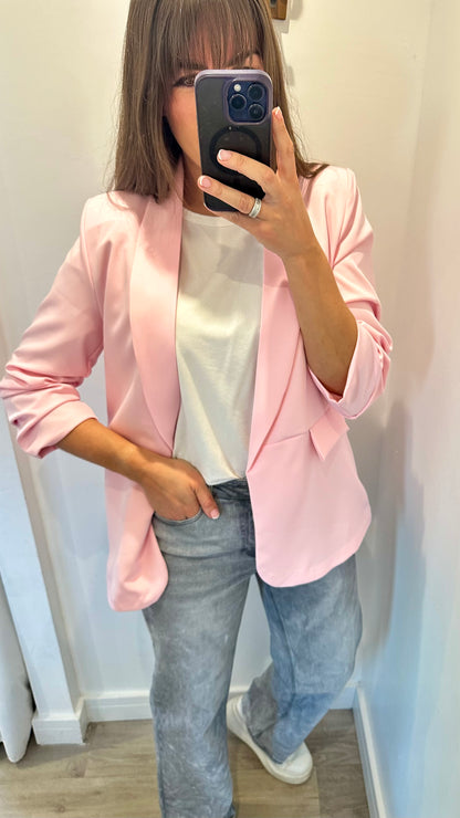 BABY PINK RUCHED SLEEVE BLAZER