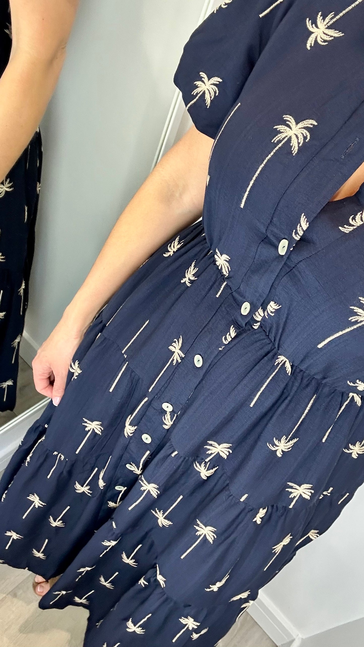 NAVY AND TAN PALM PRINT DRESS