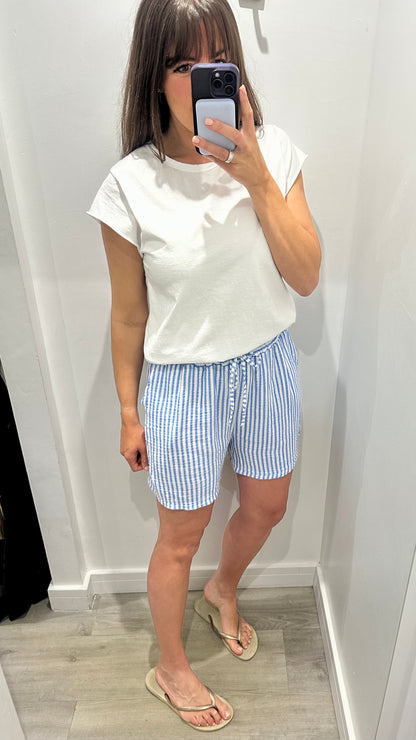 BLUE AND WHITE STRIPE CHEESECLOTH SHORTS
