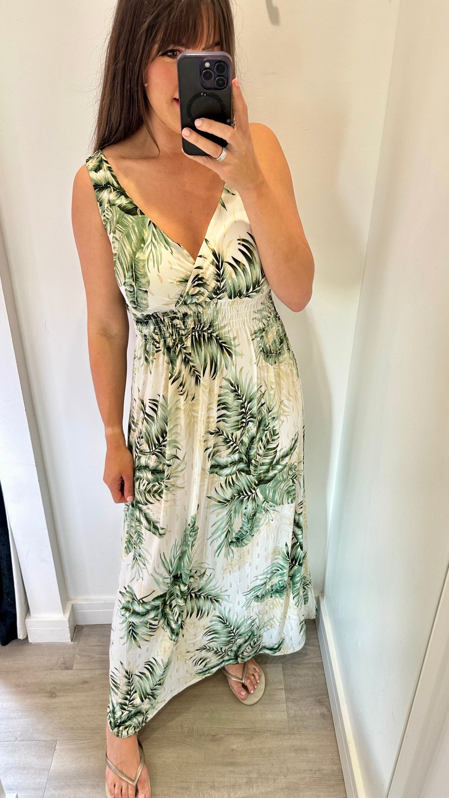 KHAKI PALM PRINT MAXI DRESS