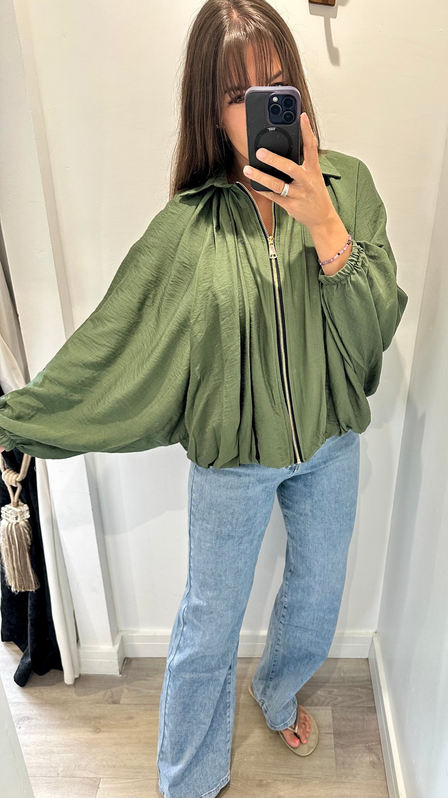 KHAKI GREEN BALLOON SLEEVE JACKET