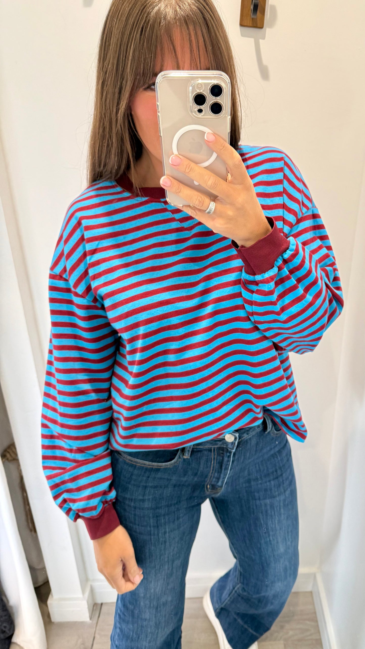 MERLOT AND BLUE STRIPE CREW SWEAT TOP