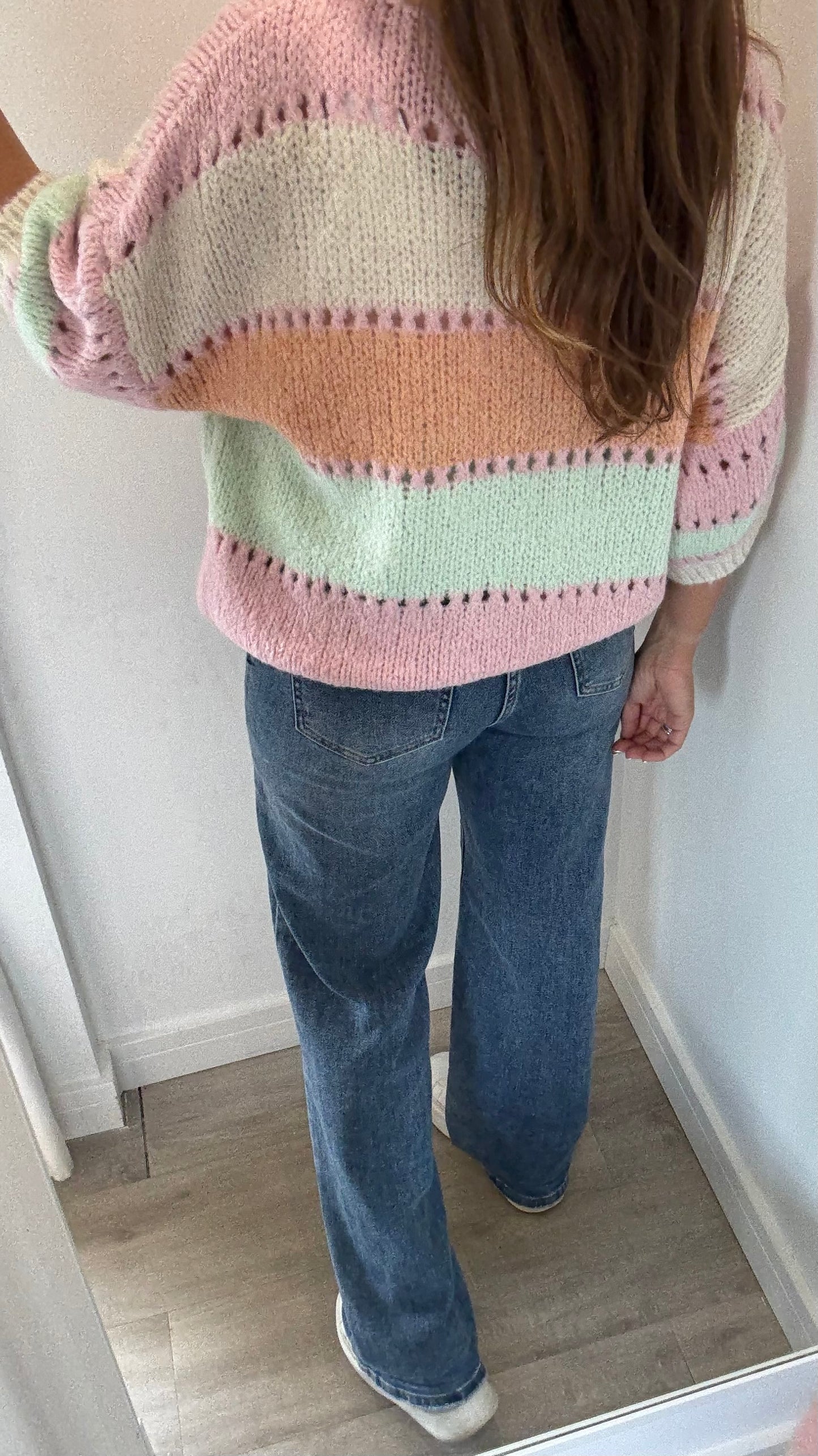PASTEL COLOUR BLOCK CROCHET STYLE KNIT JUMPER