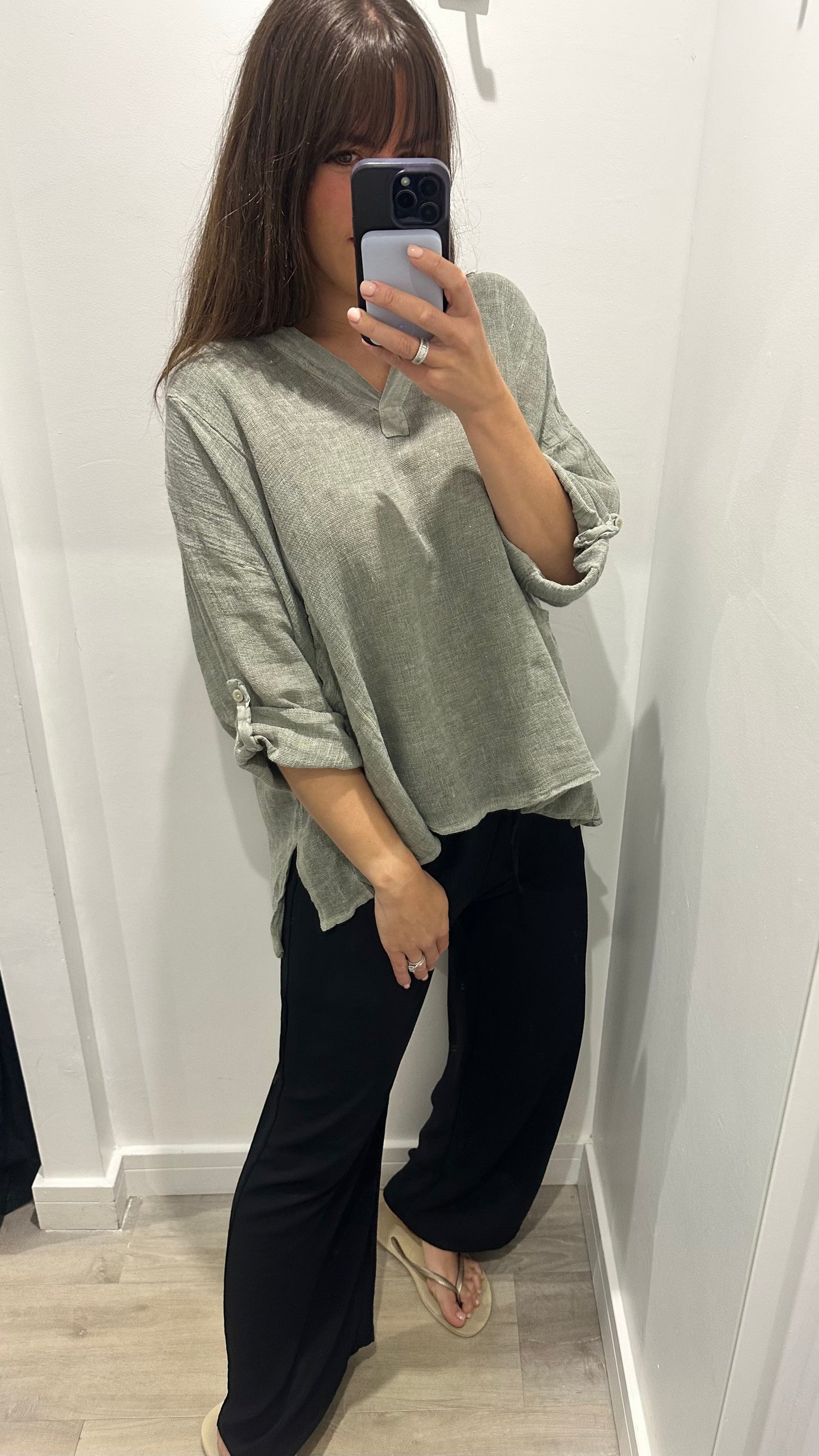 KHAKI LINEN MIX V NECK TEABAG TOP