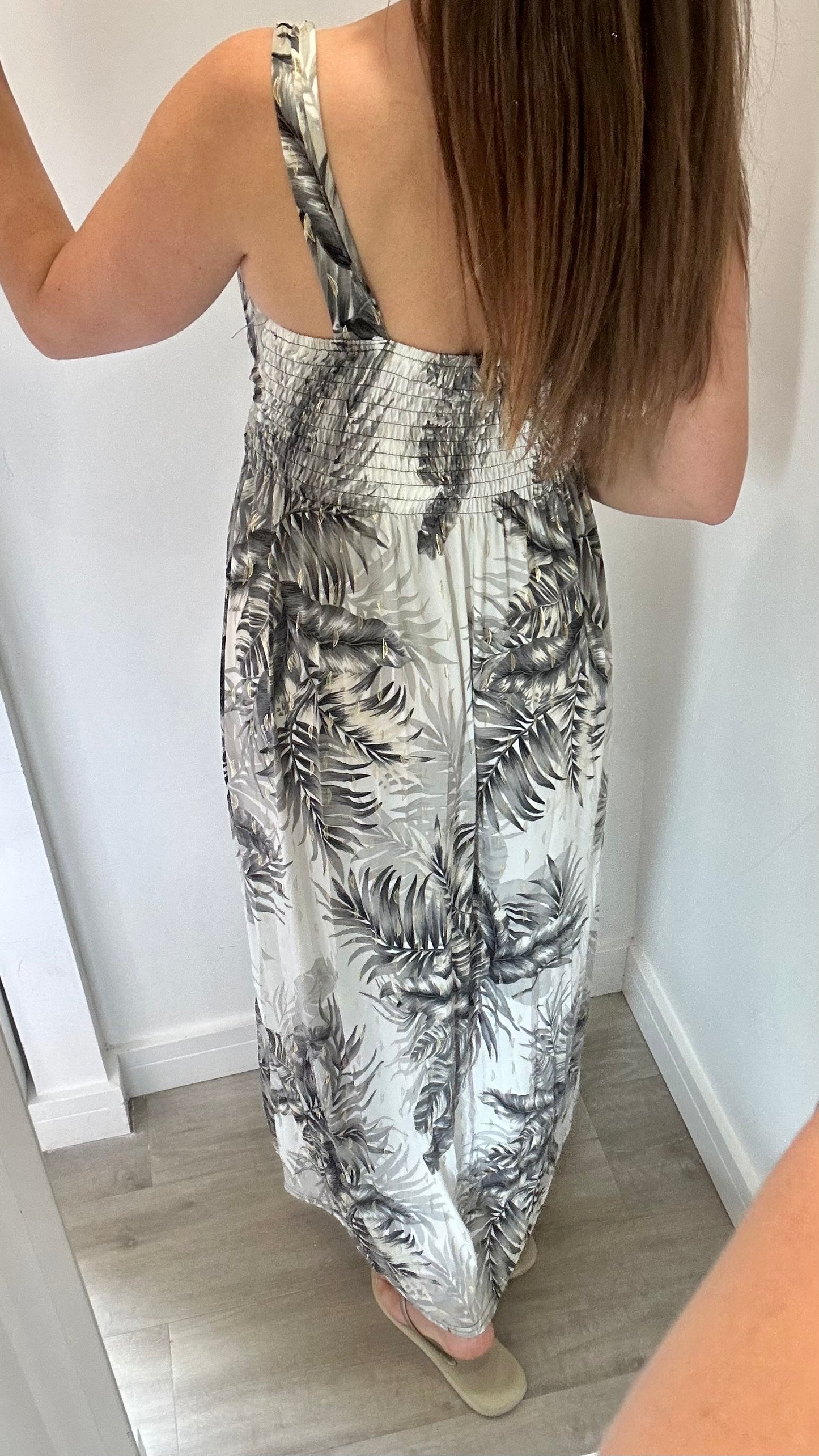 CHARCOAL PALM PRINT MAXI DRESS