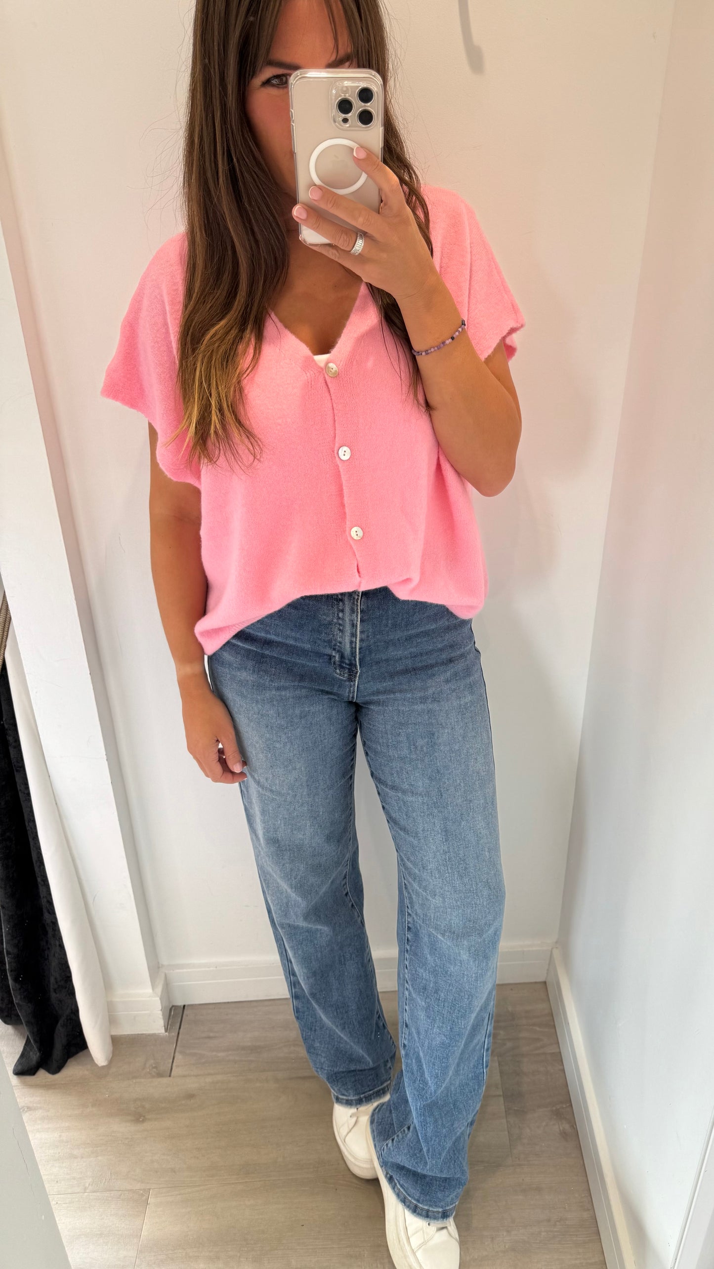 PINK DEEP V BOXY SLEEVELESS CARDIGAN