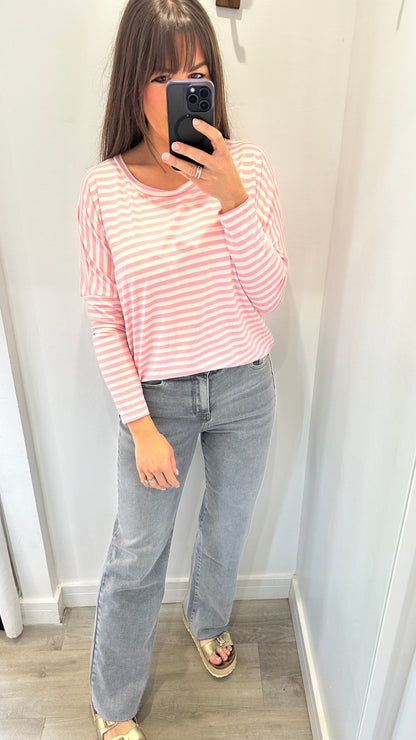 PINK AND WHITE BRETON STRIPE BATWING TOP