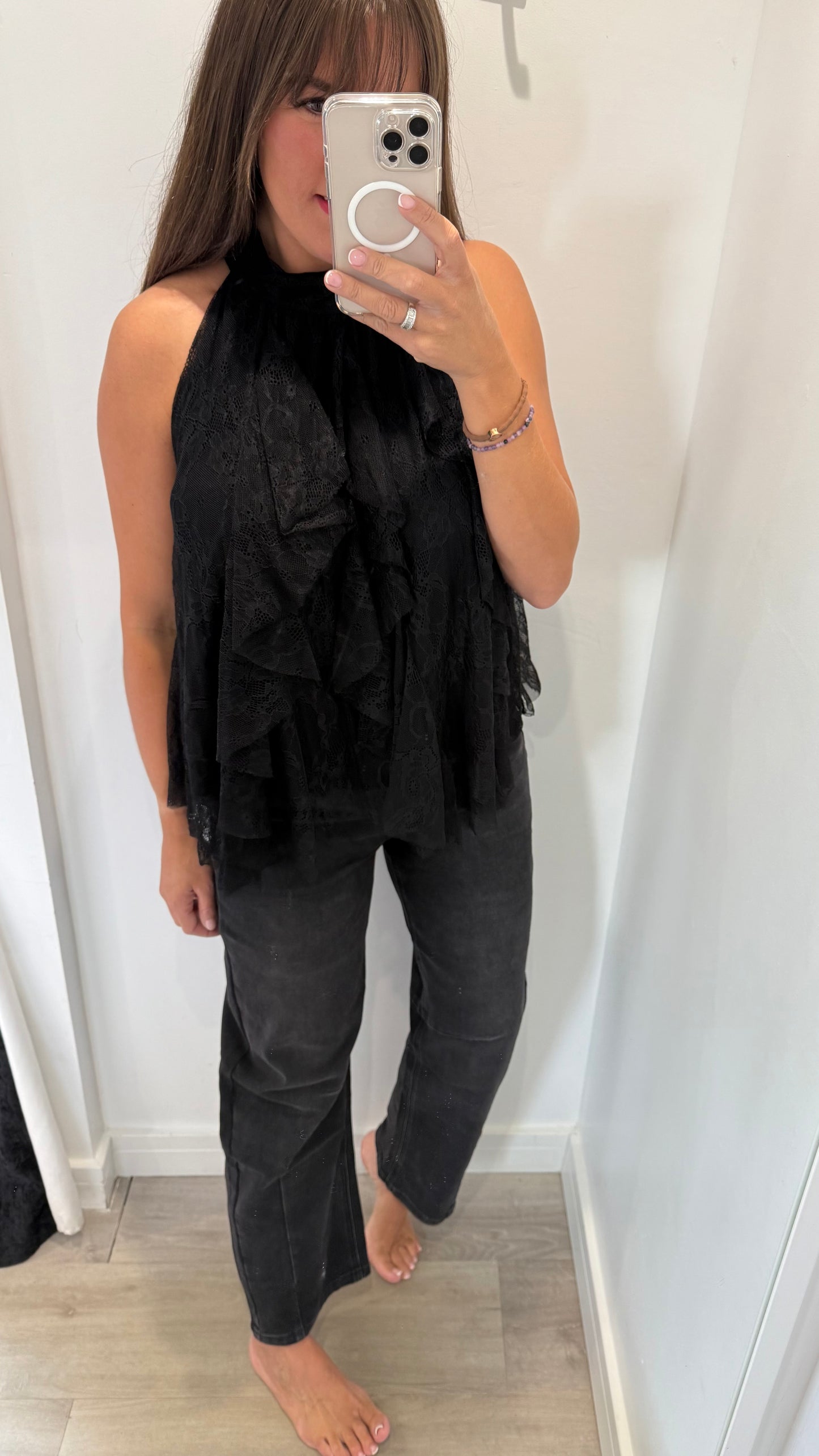 HALTERNECK LACE RUFFLE TOP