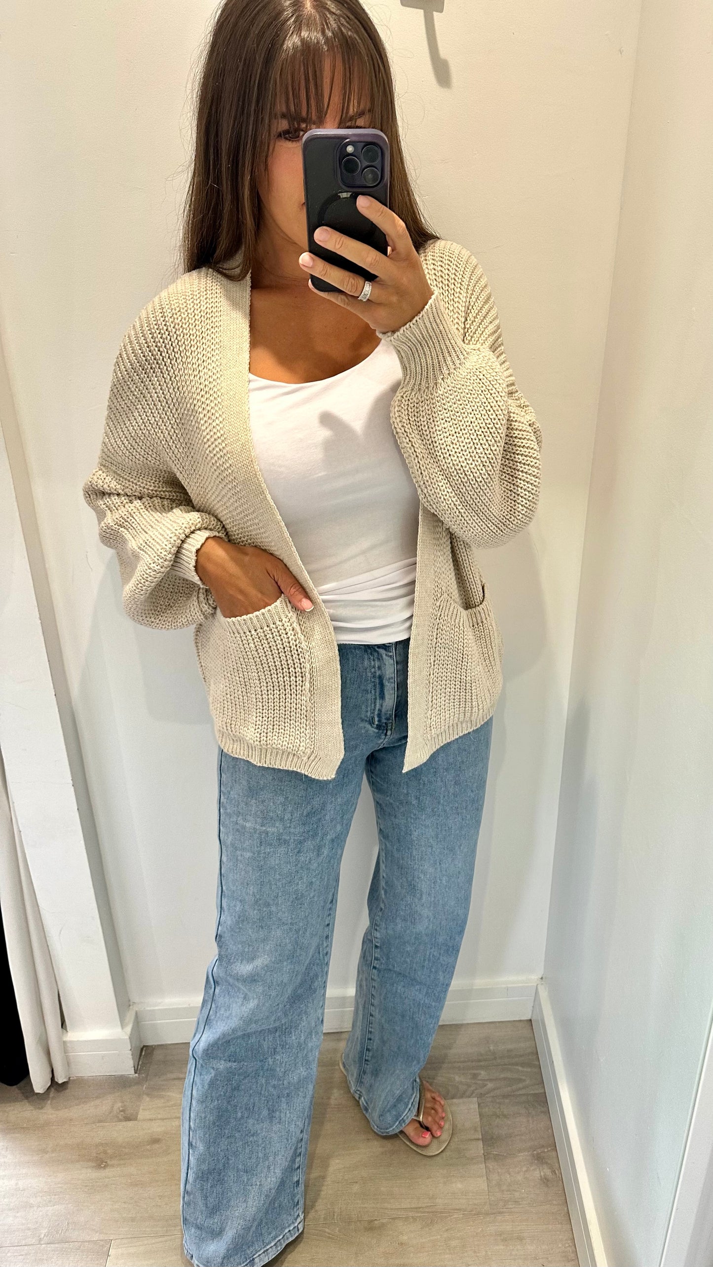 STONE OPEN FRONT POCKET CARDIGAN