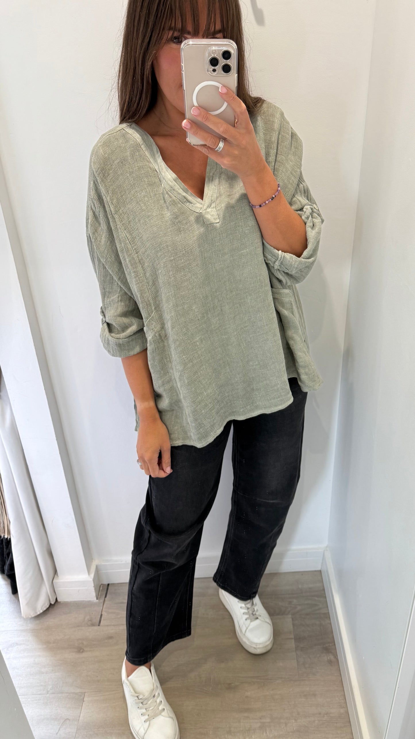 KHAKI LINEN MIX V NECK TEABAG TOP