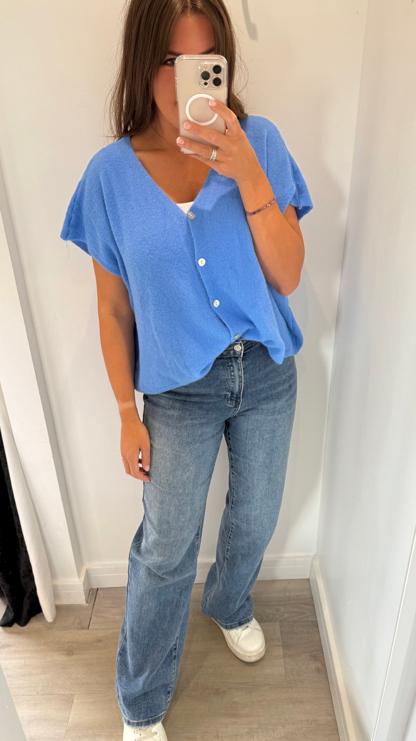 BLUE DEEP V BOXY SLEEVELESS CARDIGAN