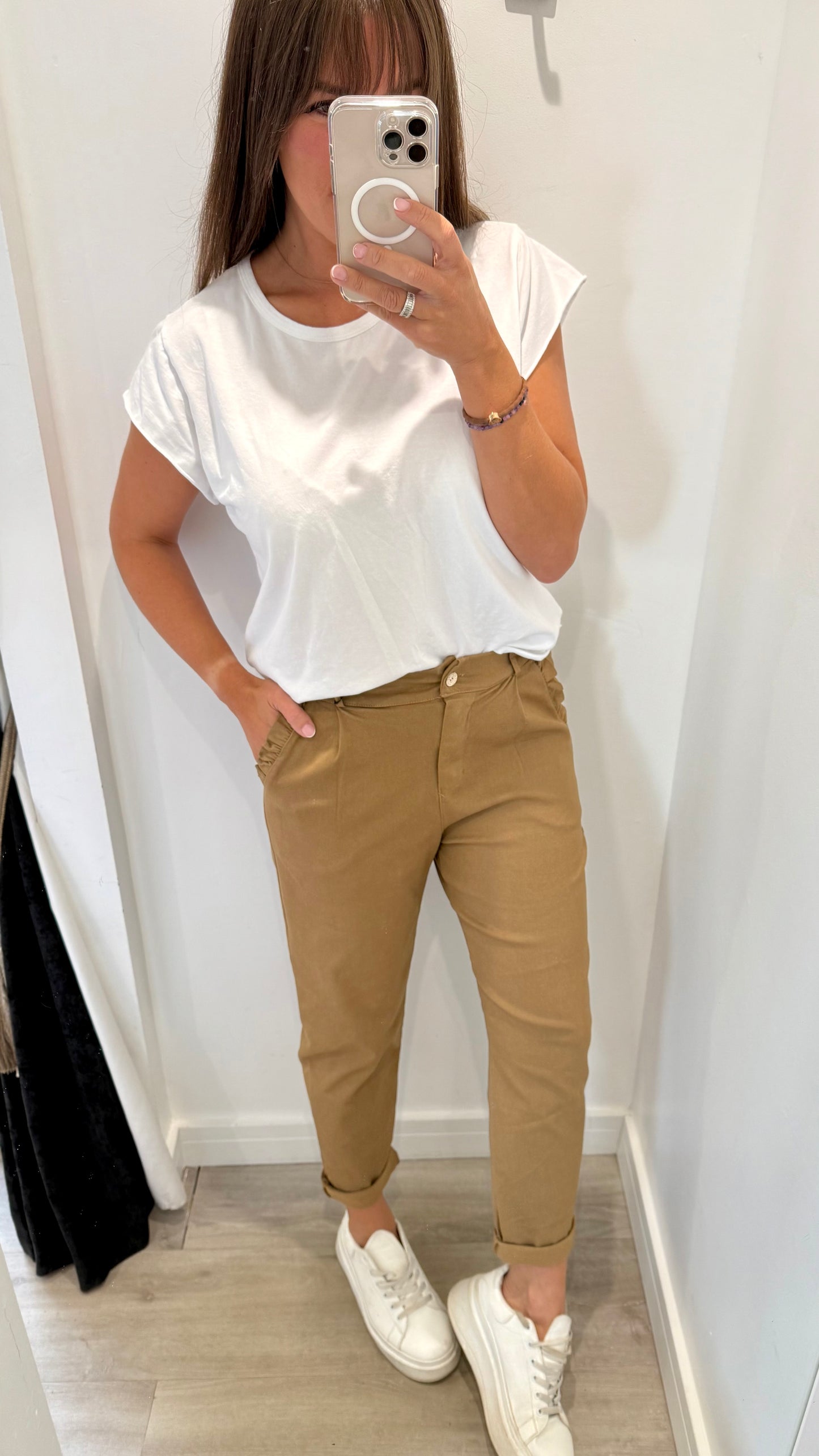 CAMEL CHINO MAGIC PANT WITH FRILL POCKET