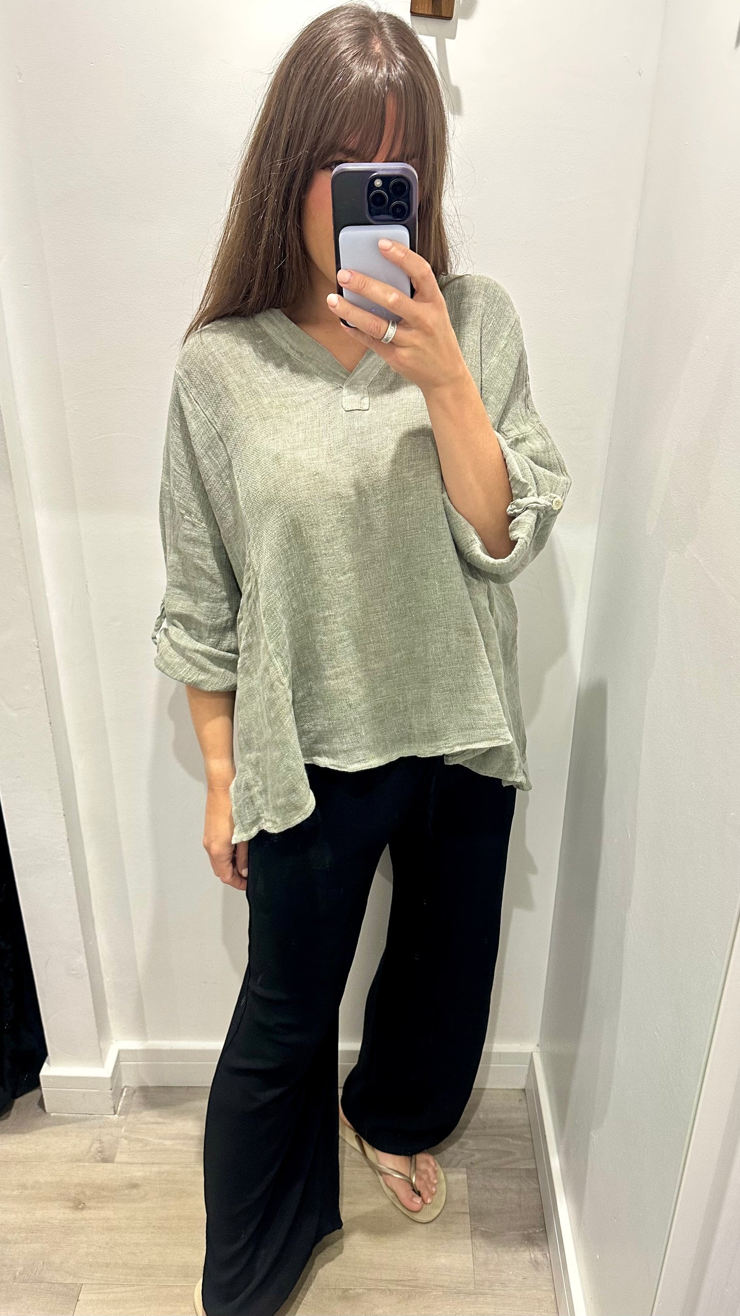 KHAKI LINEN MIX V NECK TEABAG TOP