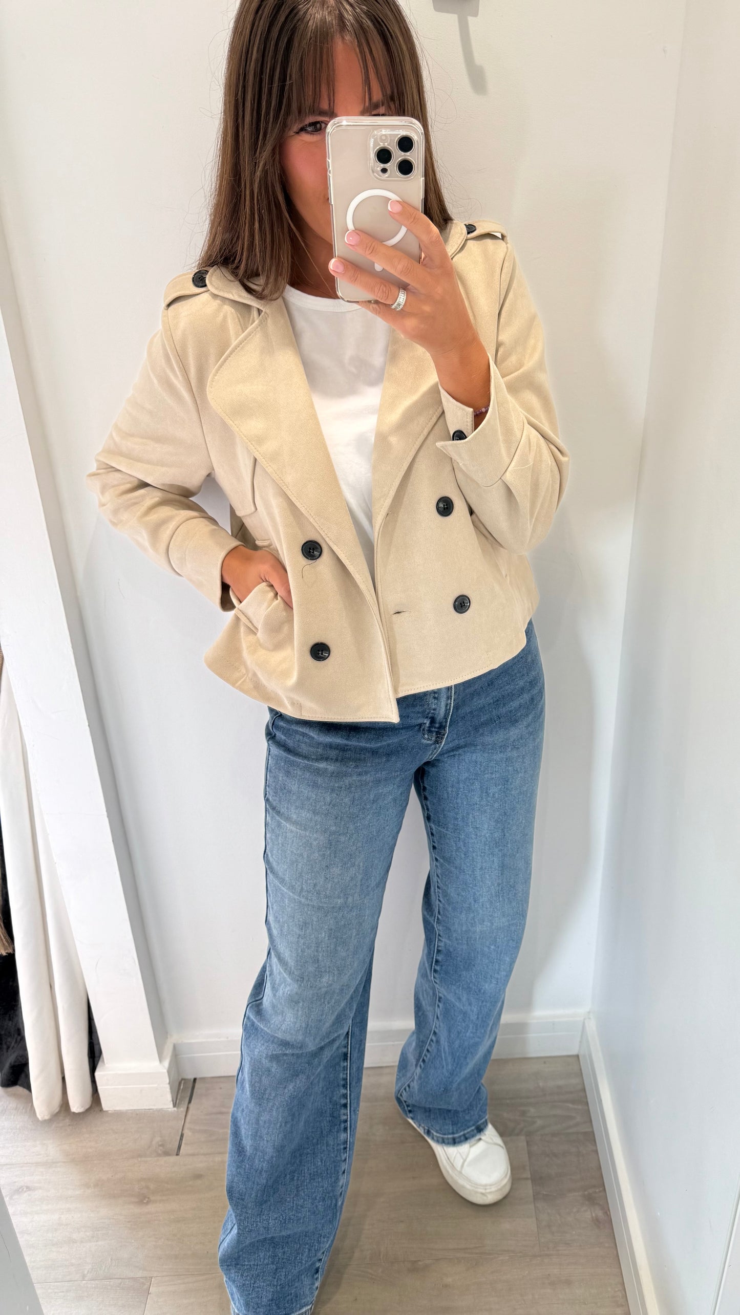 STONE SUEDE-EFFECT BUTTONED JACKET