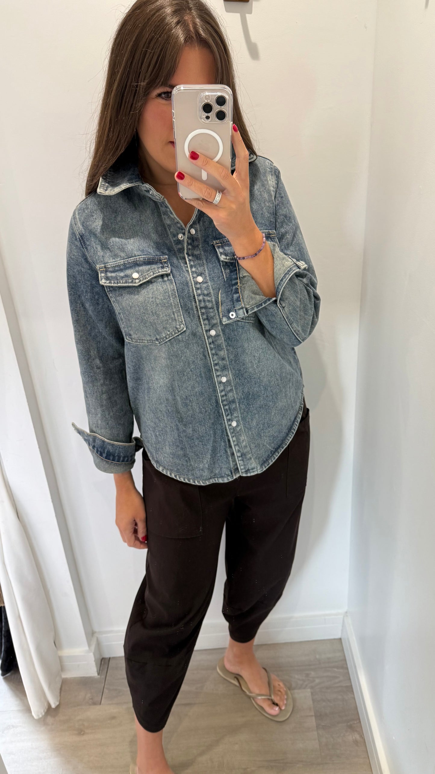 VINTAGE WASH PEARLESCENT BUTTON DENIM SHACKET