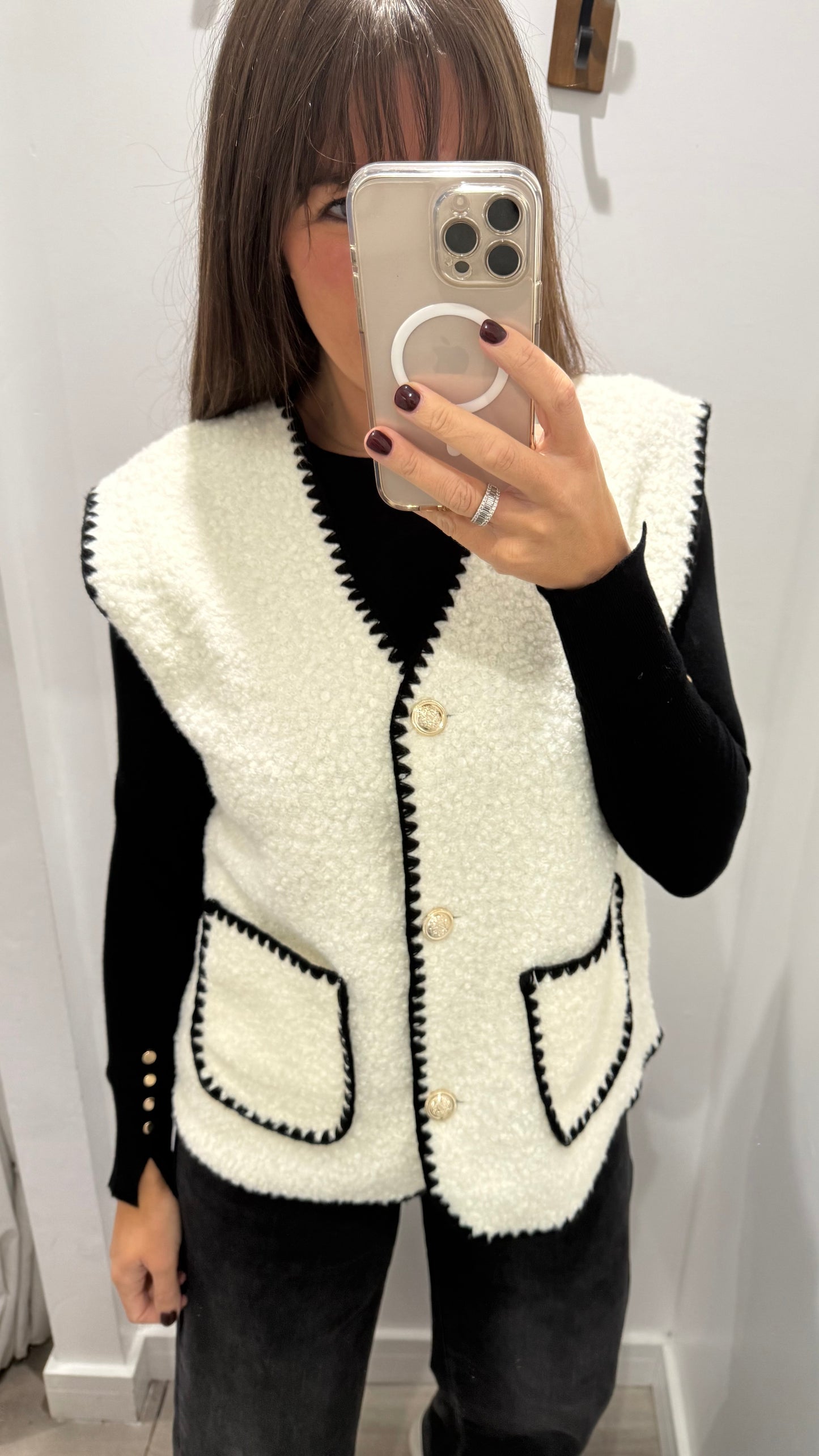 CREAM BOUCLE SLEEVELESS GILET WITH BLACK EDGING