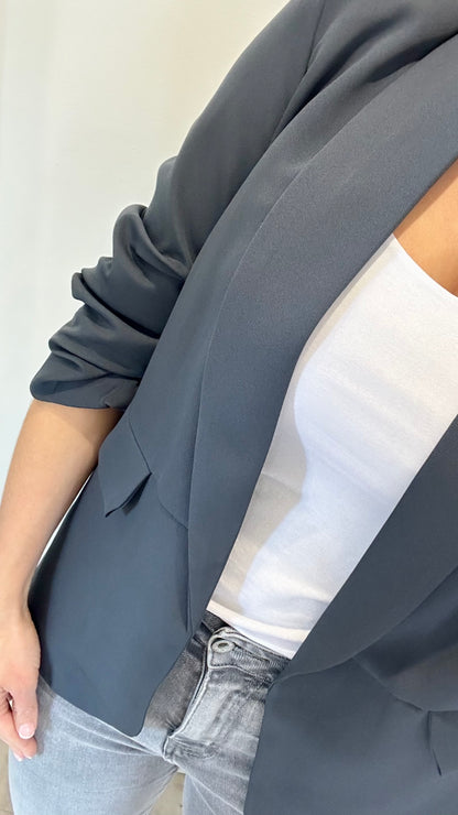CHARCOAL GREY RUCHED SLEEVE BLAZER