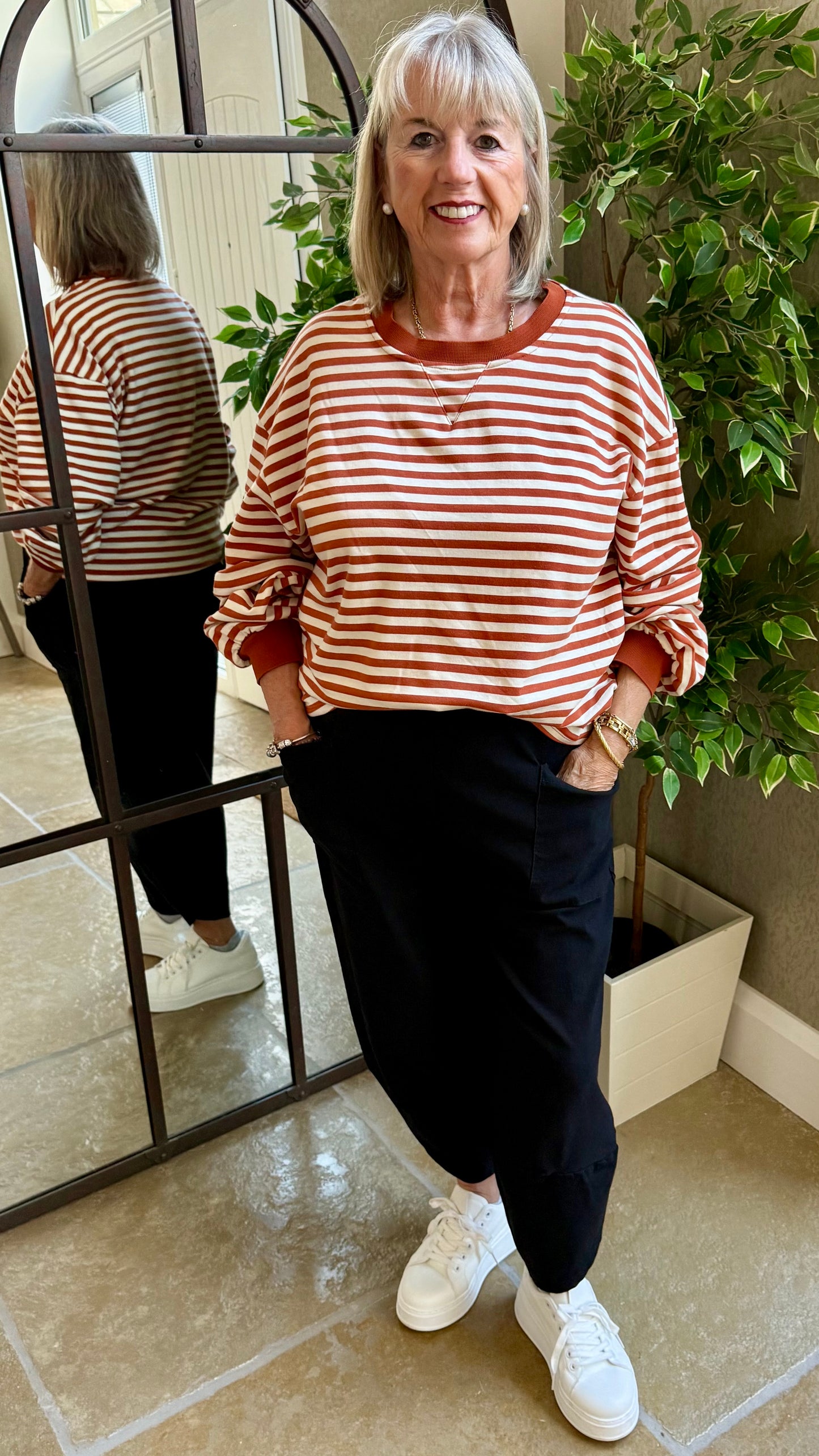 RUST AND CREAM STRIPE CREW SWEAT TOP