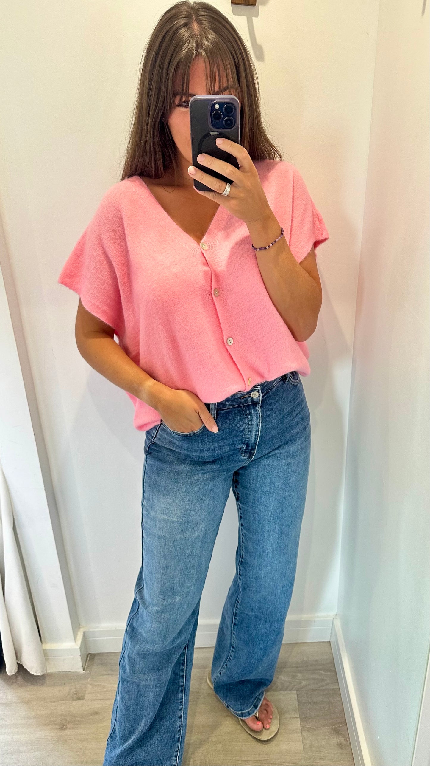 PINK DEEP V BOXY SLEEVELESS CARDIGAN