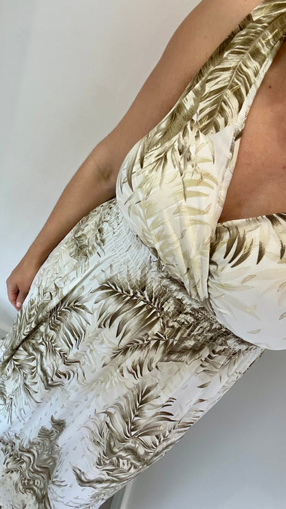 NUDE AND BROWN PALM PRINT MAXI DRESS