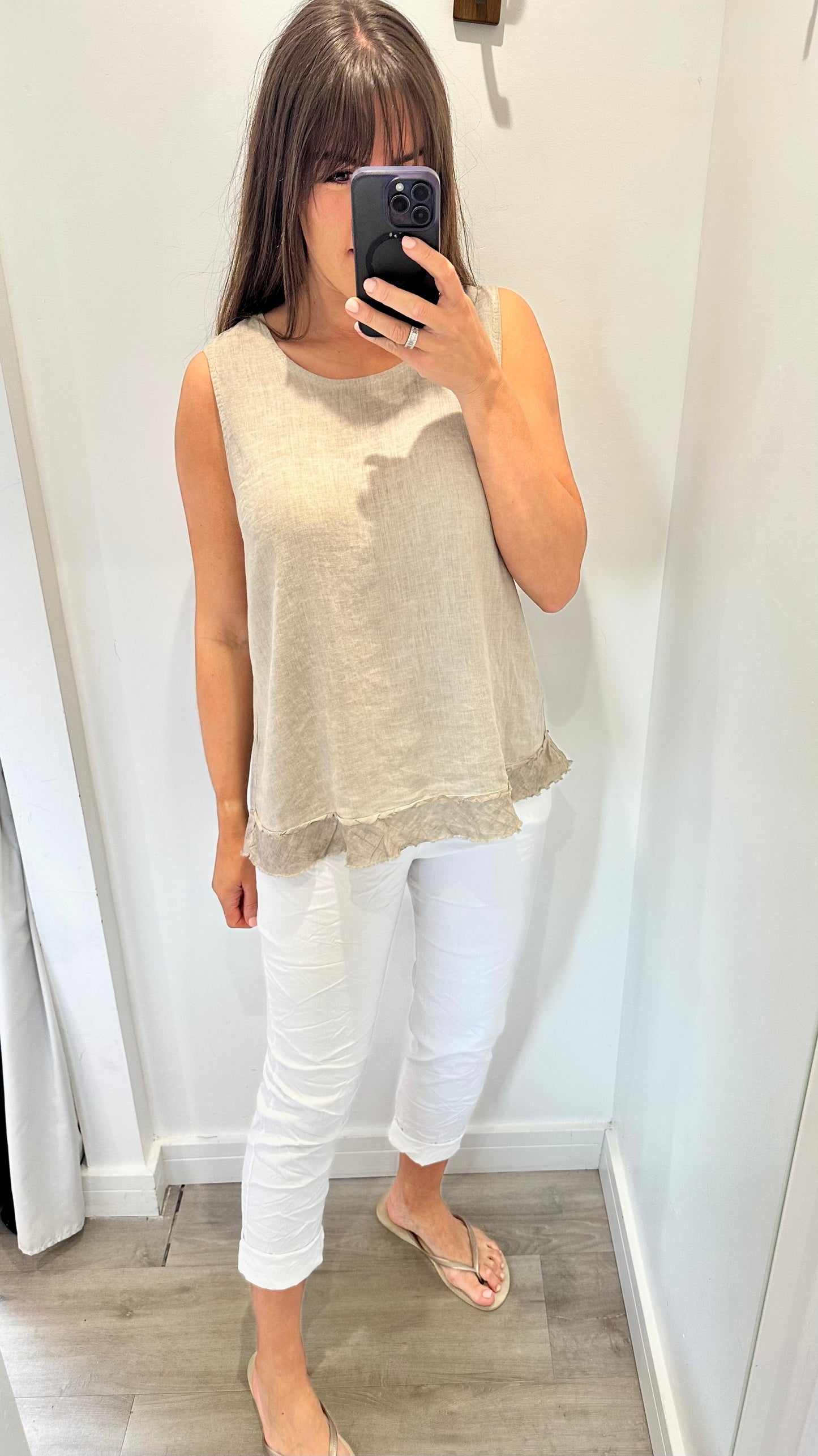 SAND SLEEVELESS LINEN MIX TOP