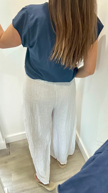 WHITE LINEN WIDE LEG TROUSERS
