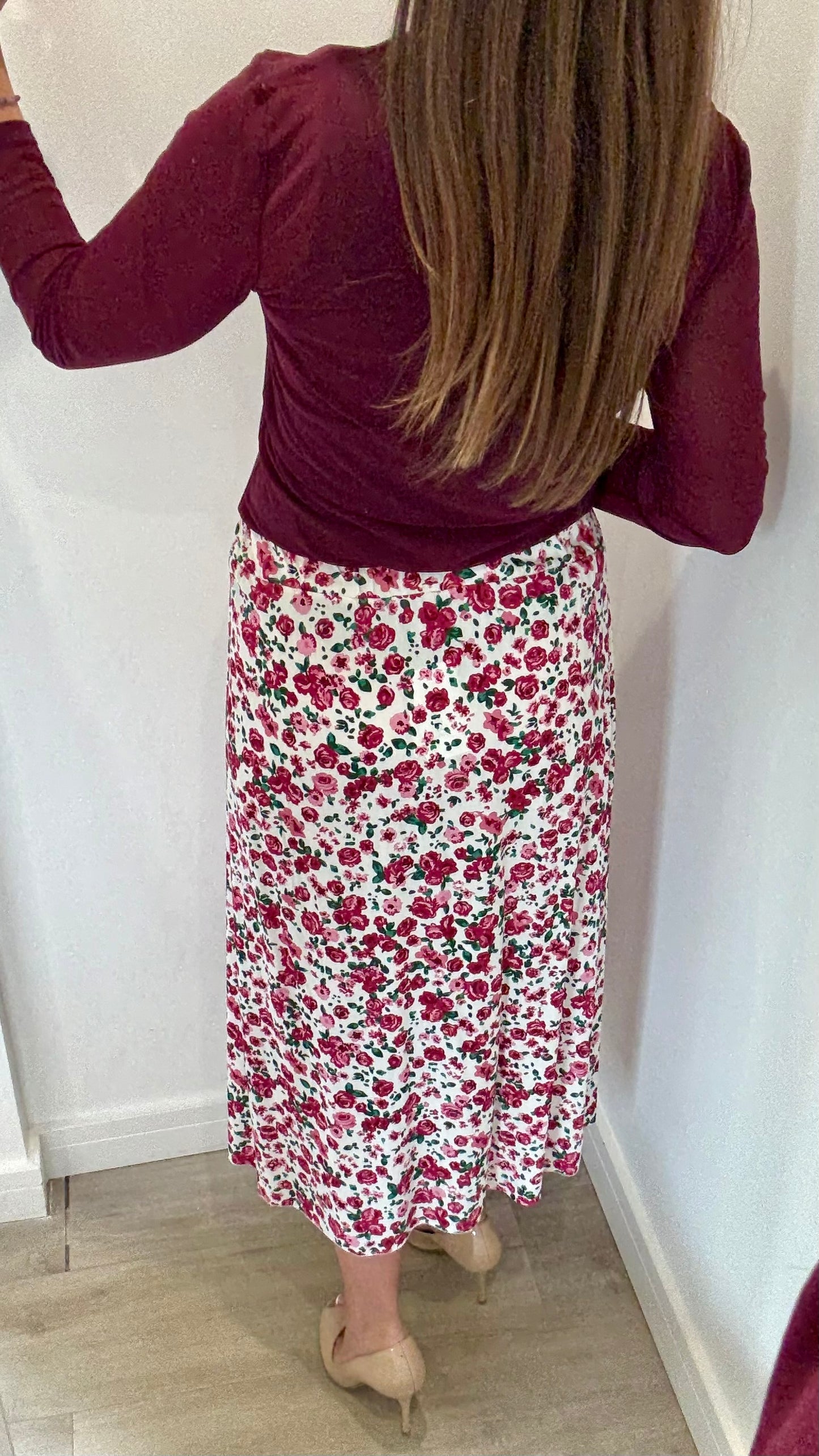 FLORAL PRINT MIDI SKIRT - WHITE WITH GREEN AND PINK