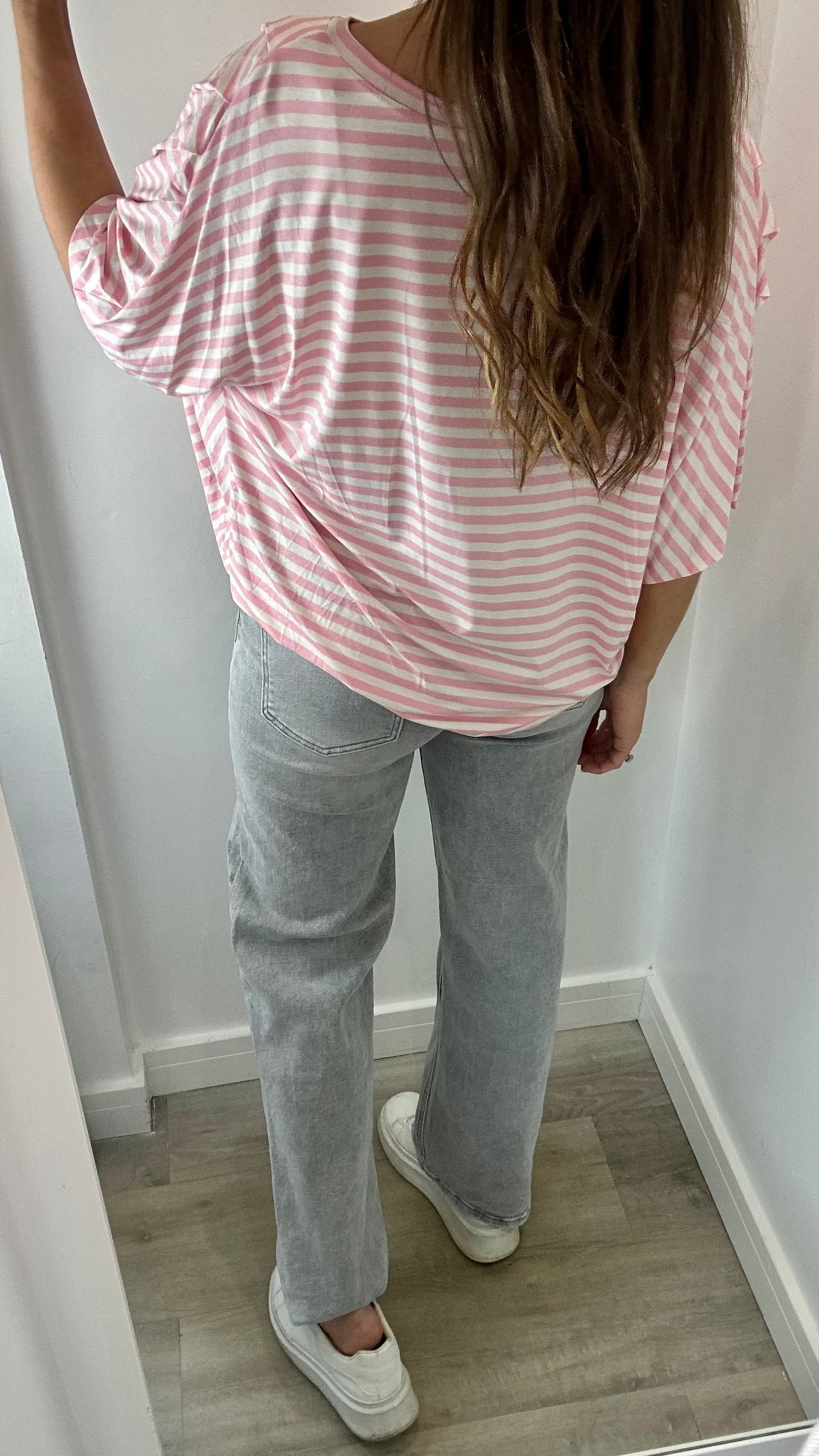 PINK AND WHITE STRIPED BATWING PLEATED SHOULDER TOP