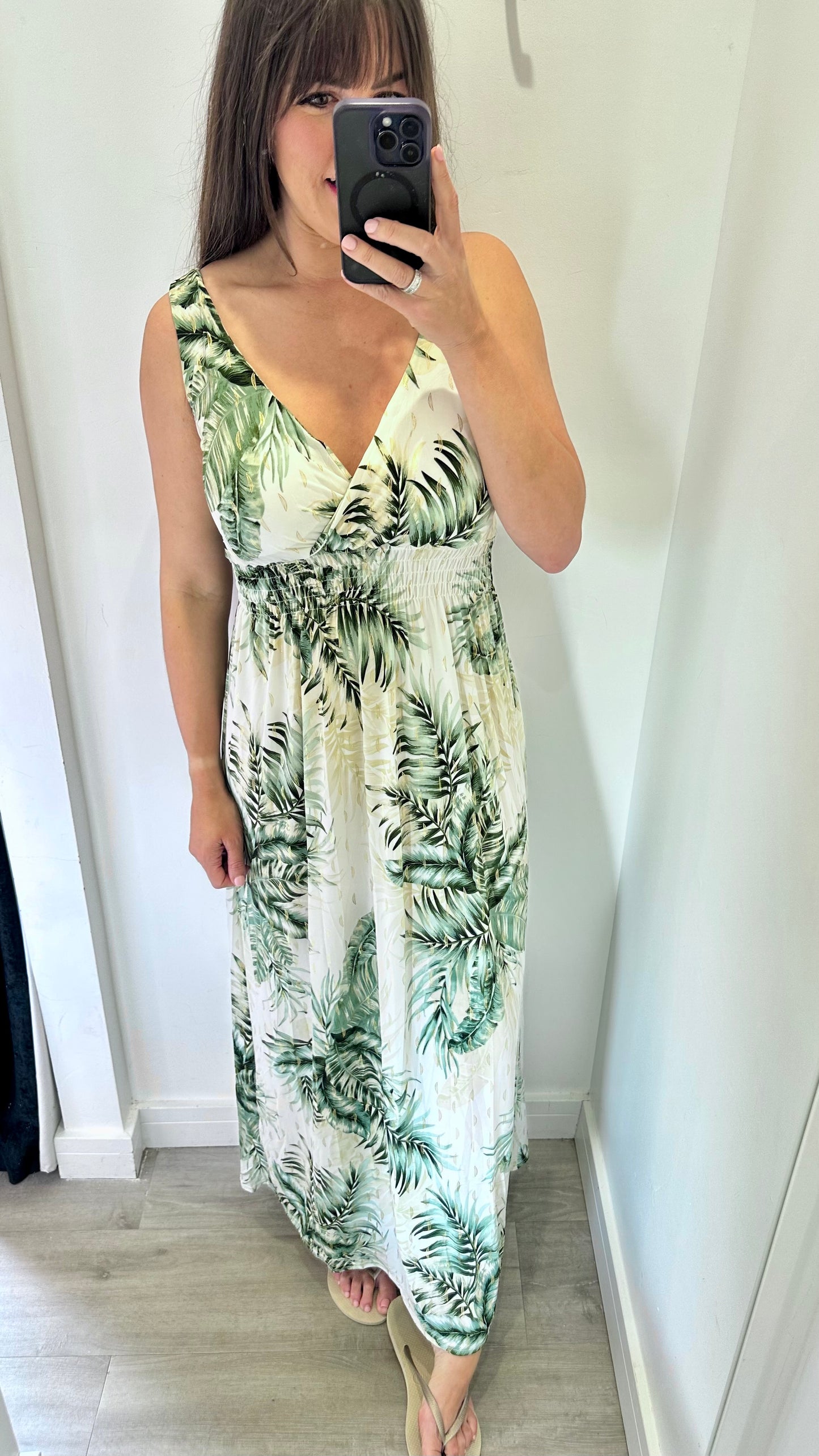 KHAKI PALM PRINT MAXI DRESS