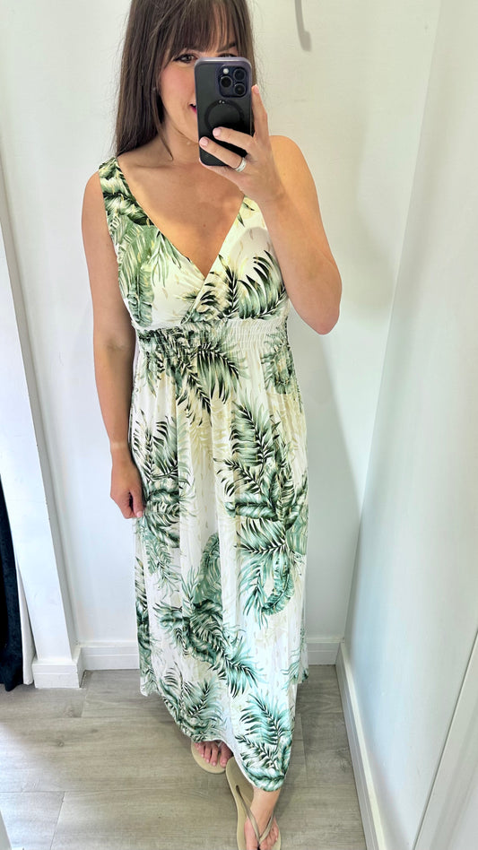 KHAKI PALM PRINT MAXI DRESS