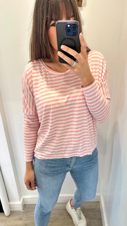PINK AND WHITE BRETON STRIPE BATWING TOP