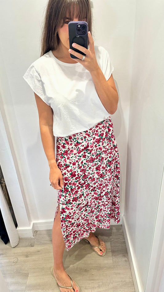 FLORAL PRINT MIDI SKIRT - WHITE WITH GREEN AND PINK
