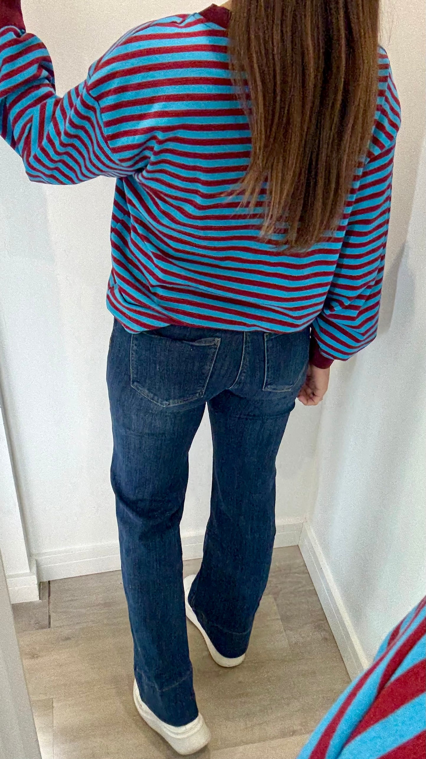 MERLOT AND BLUE STRIPE CREW SWEAT TOP