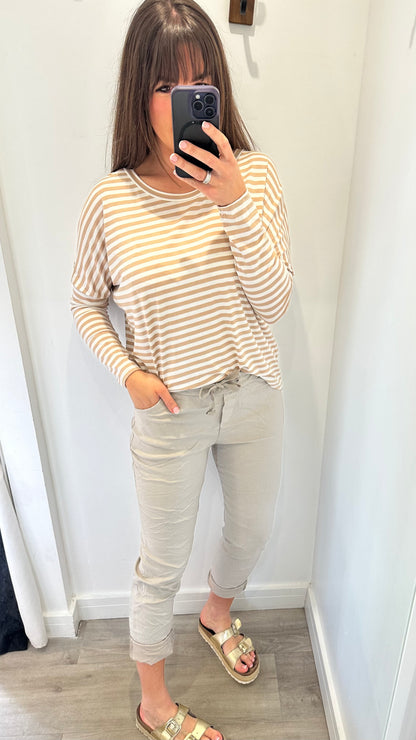 SAND AND WHITE BRETON STRIPE BATWING TOP