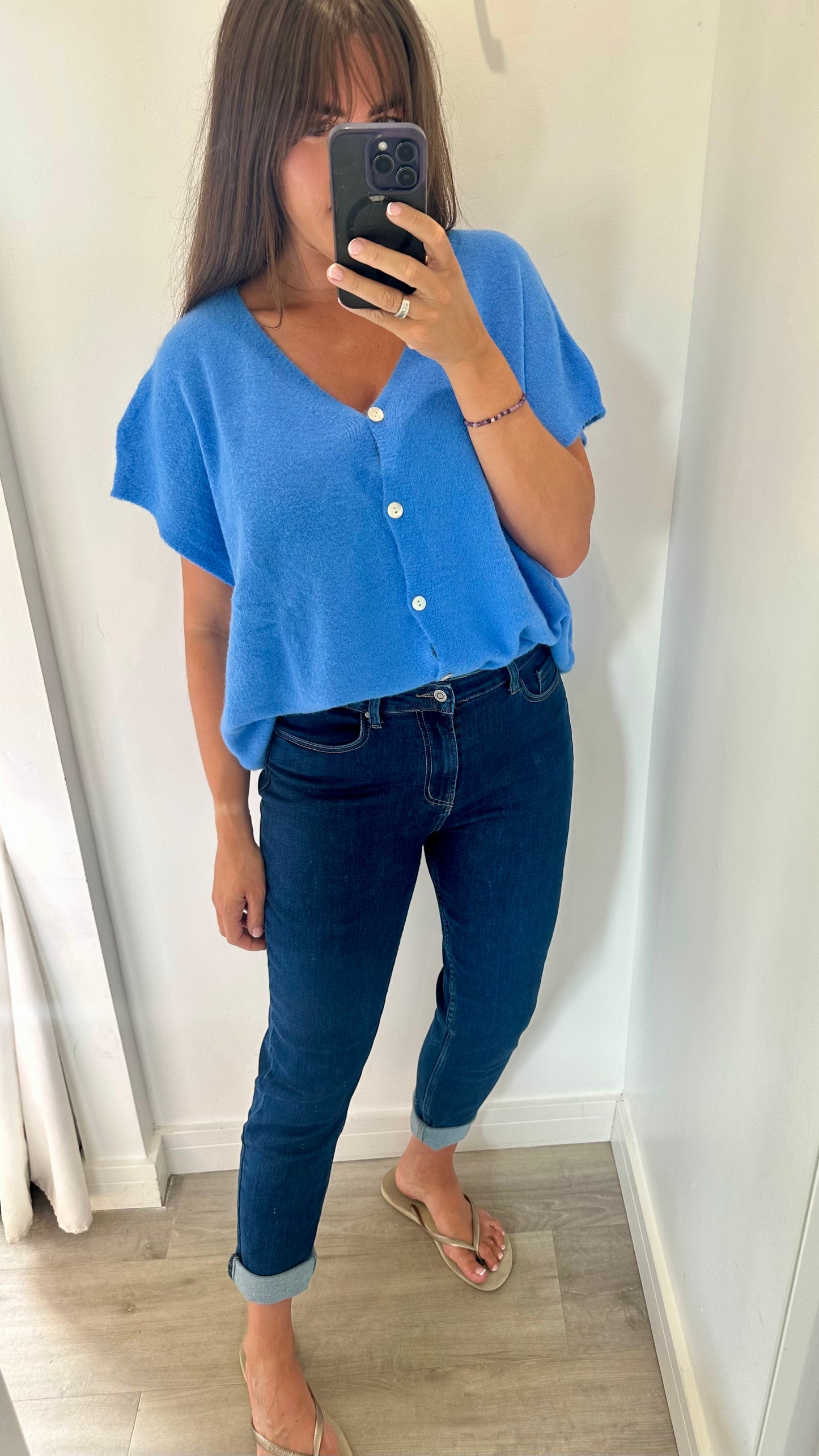 BLUE DEEP V BOXY SLEEVELESS CARDIGAN