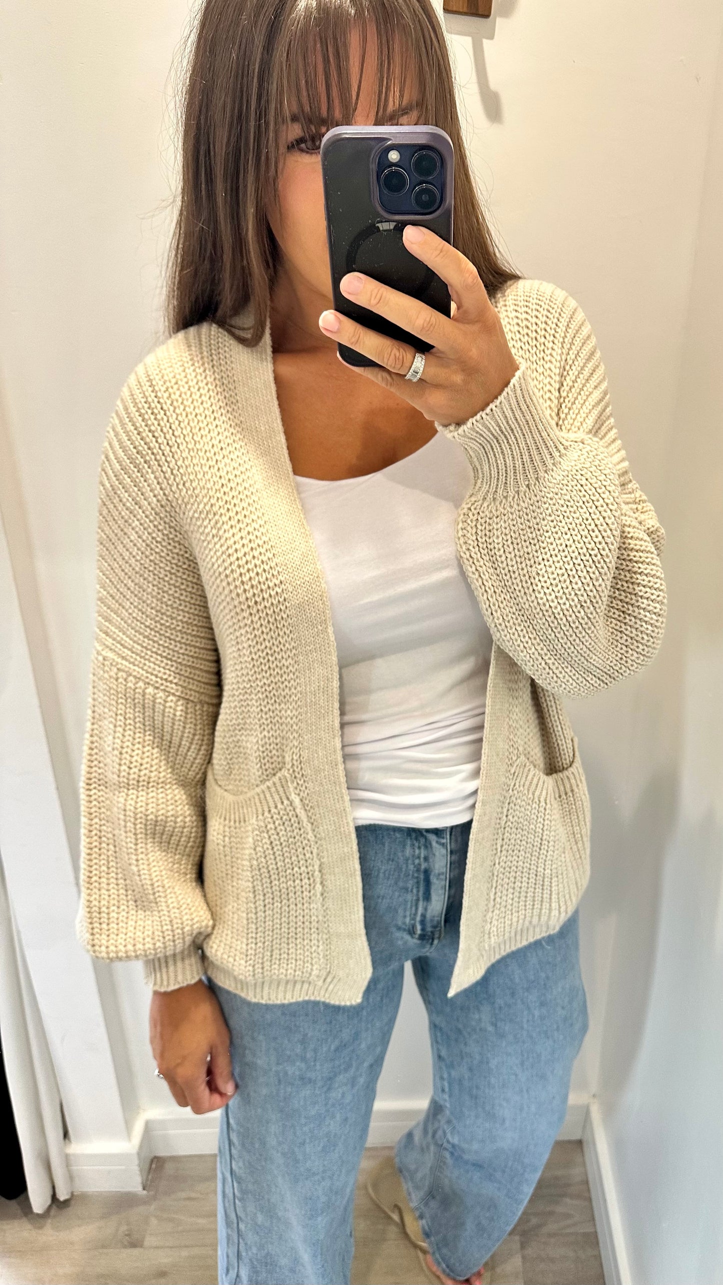 STONE OPEN FRONT POCKET CARDIGAN