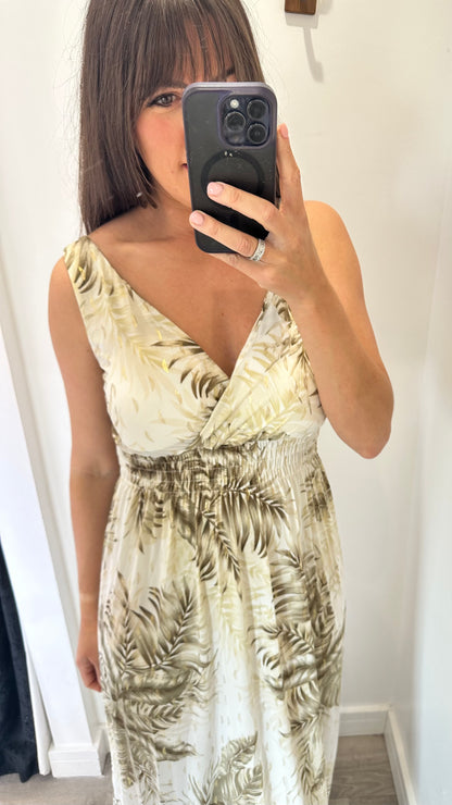 NUDE AND BROWN PALM PRINT MAXI DRESS