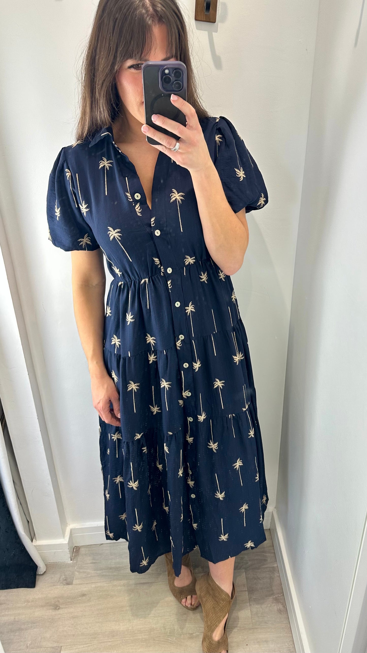 NAVY AND TAN PALM PRINT DRESS