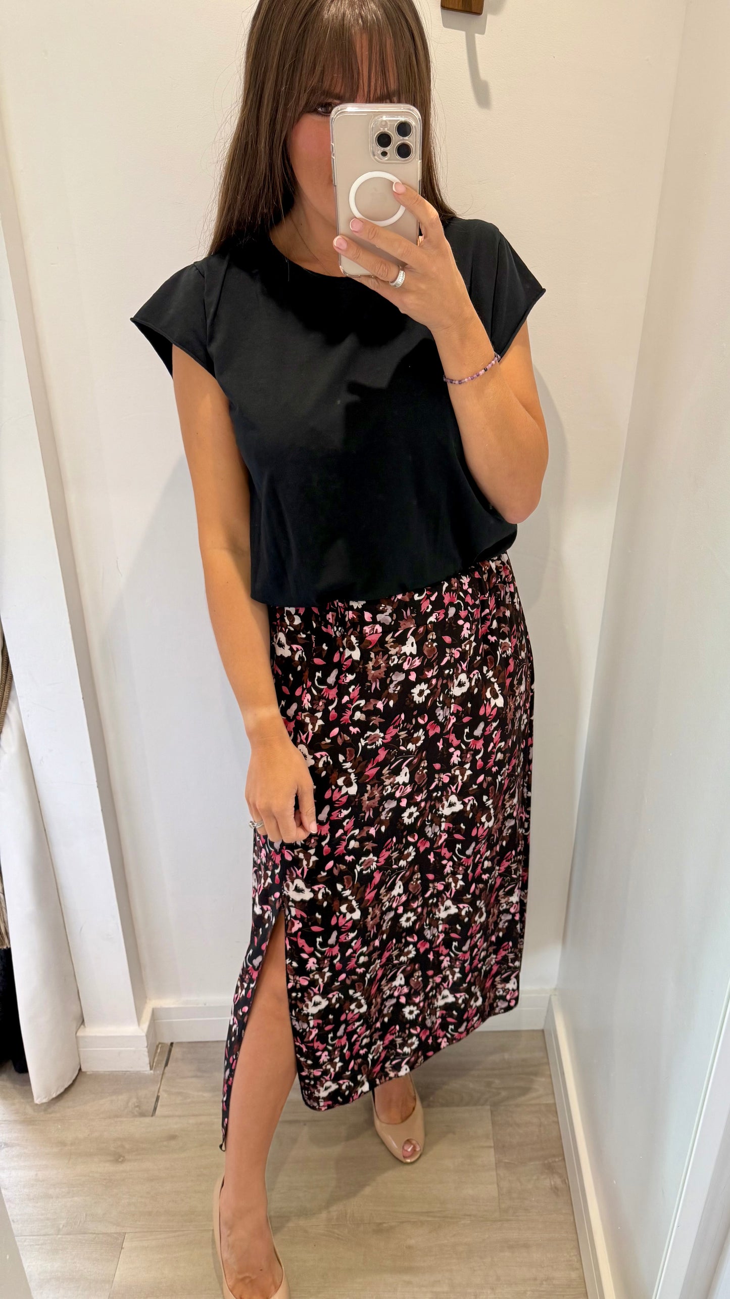 FLORAL PRINT MIDI SKIRT - BLACK WITH BLUSH AND NUDE