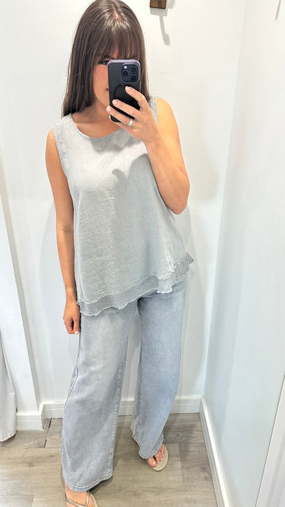 PALE GREY SLEEVELESS LINEN MIX TOP