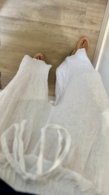 WHITE LINEN WIDE LEG TROUSERS
