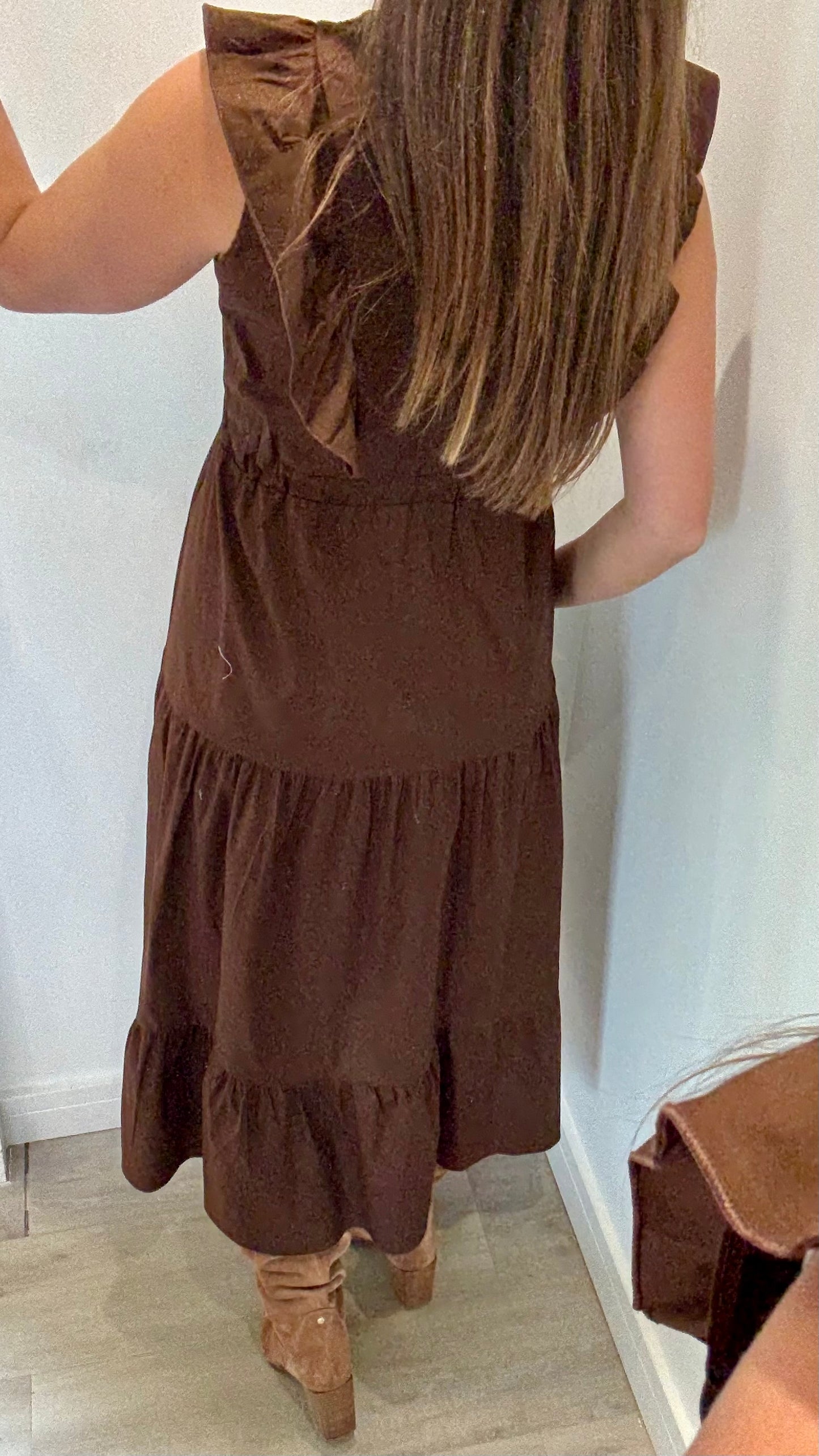 BROWN JET TIERED COTTON MAXI DRESS