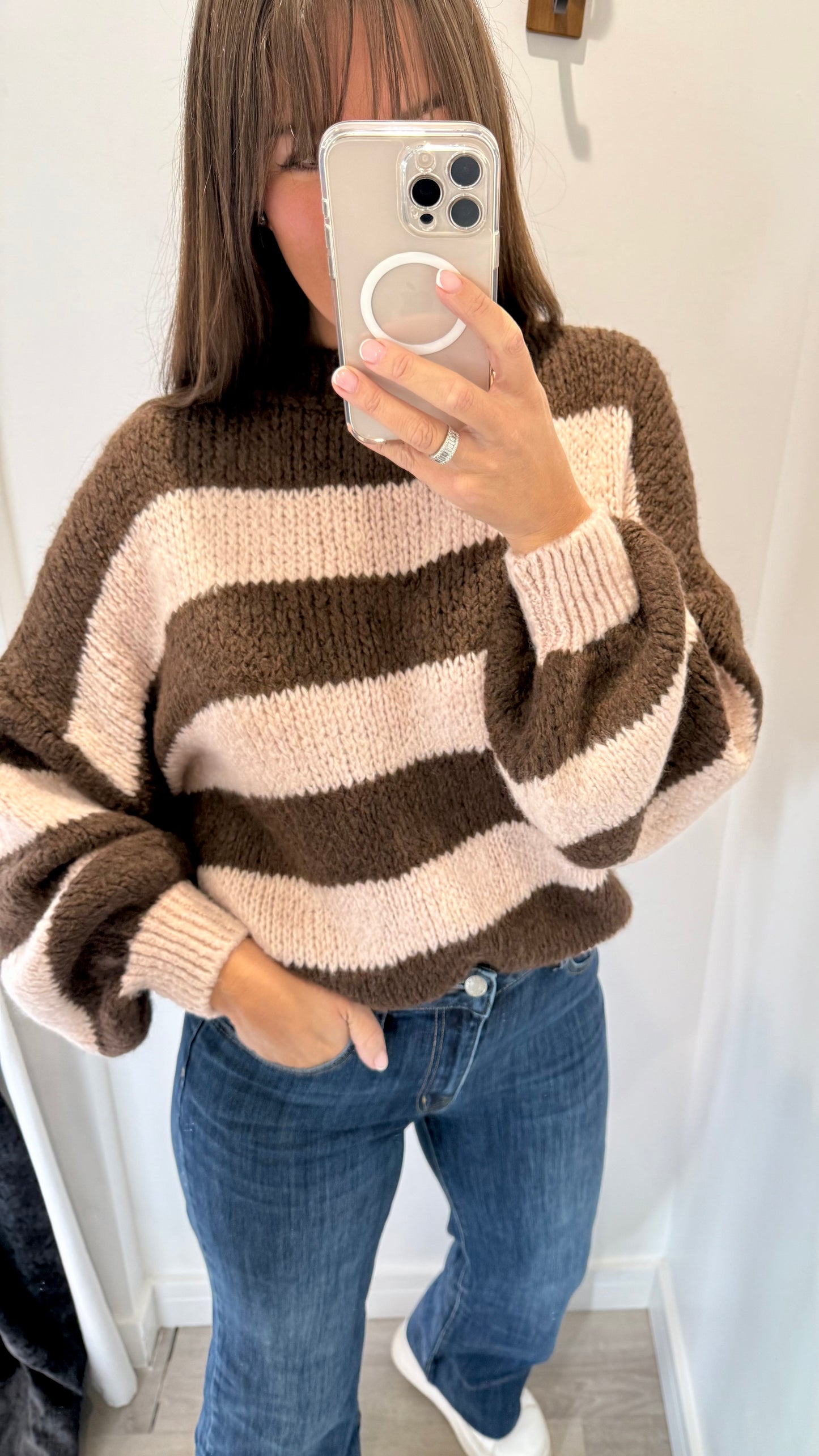 CHOCOLATE AND PALE PINK STRIPE TEXTURED KNIT JUMPER