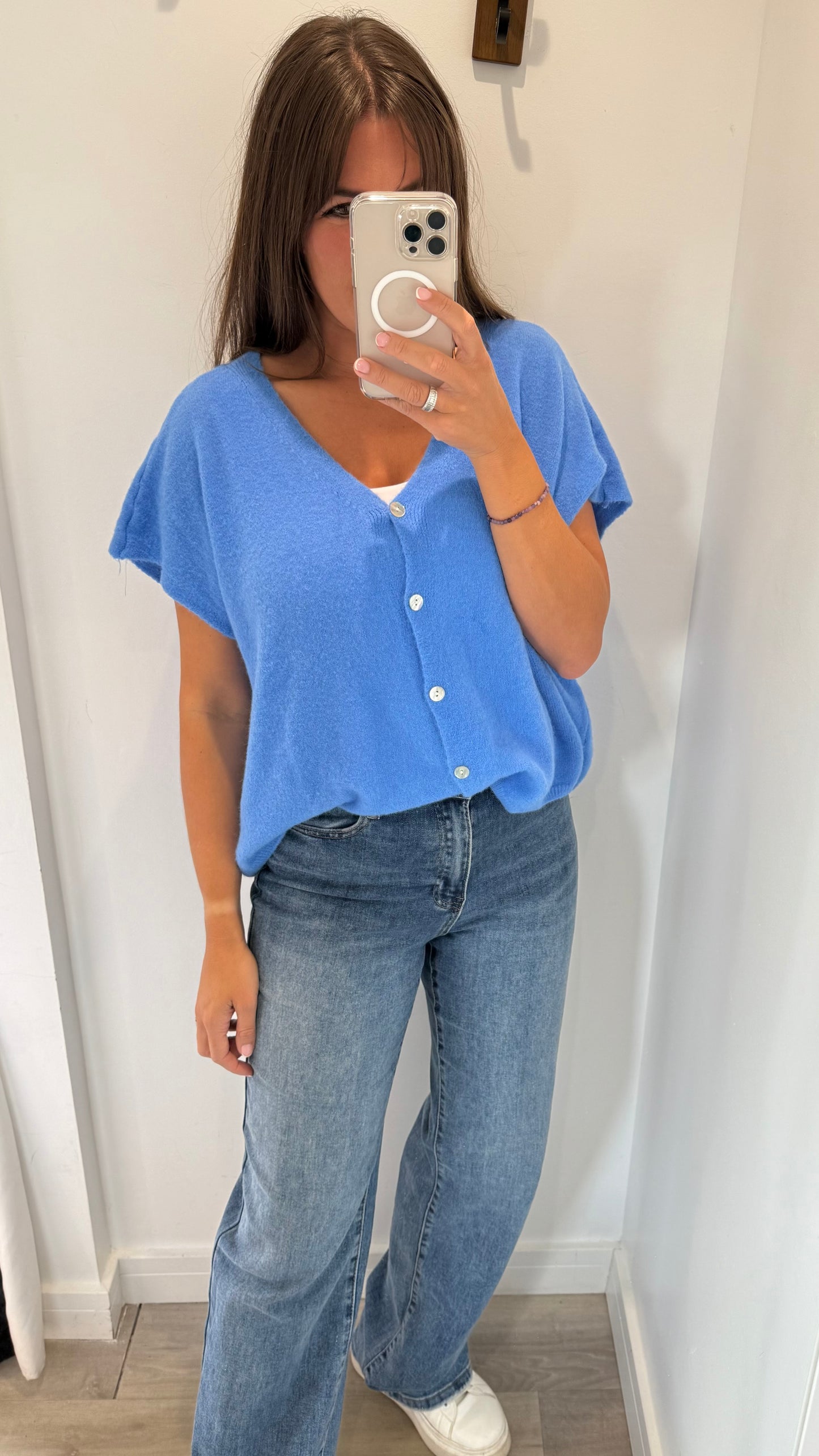 BLUE DEEP V BOXY SLEEVELESS CARDIGAN
