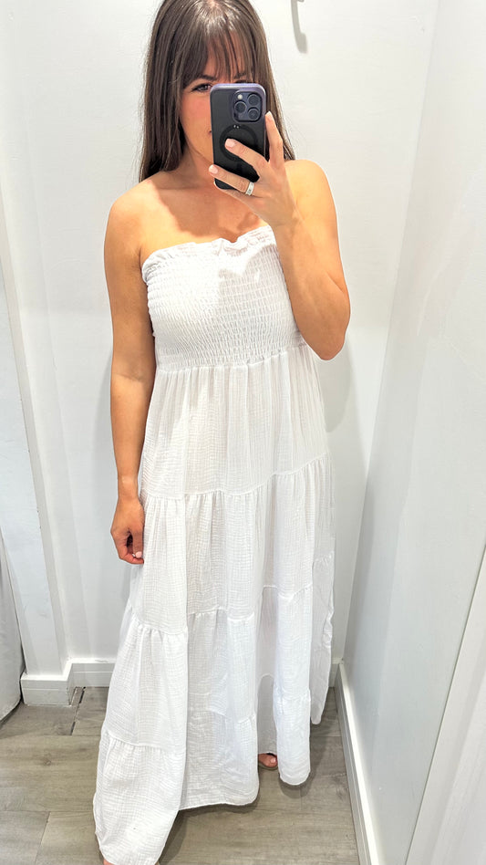 WHITE BANDEAU TIERED MAXI DRESS