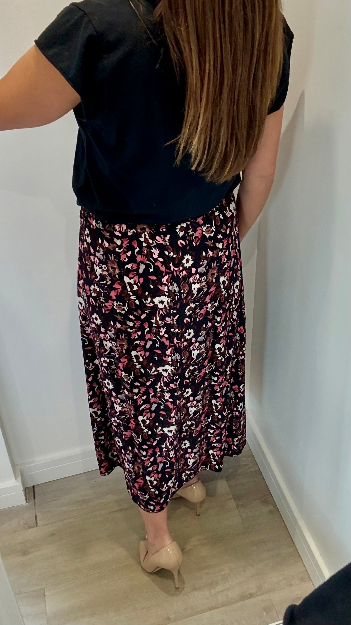 FLORAL PRINT MIDI SKIRT - BLACK WITH BLUSH AND NUDE