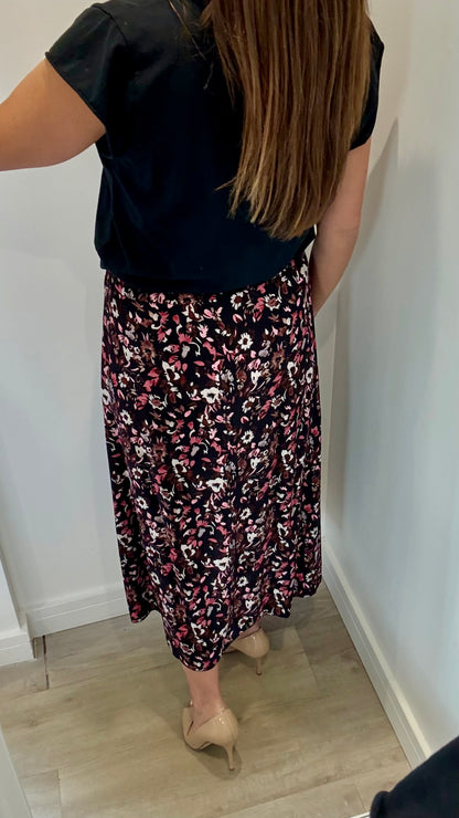 FLORAL PRINT MIDI SKIRT - BLACK WITH BLUSH AND NUDE