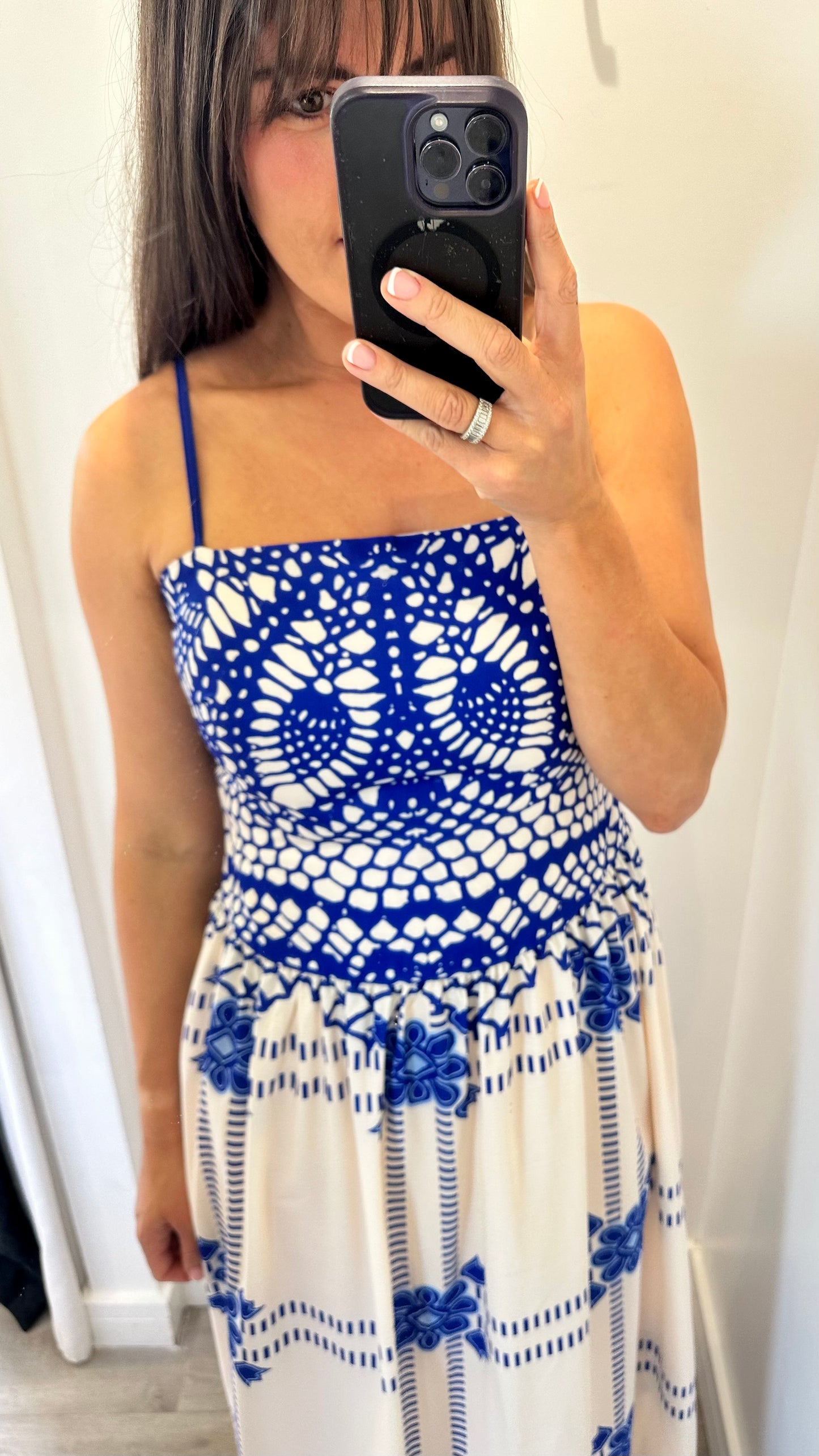 ROYAL BLUE AND WHITE EMBROIDERED MAXI DRESS WITH FITTED BODICE