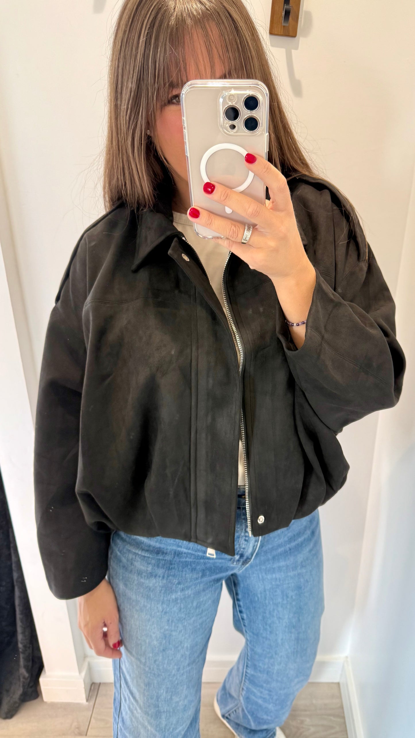 BLACK SUEDETTE BOMBER JACKET